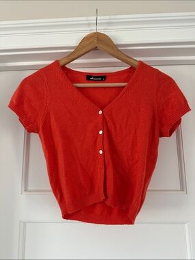 Olivaceous Bright Redish orange Short-Sleeve Button V-Neck Top